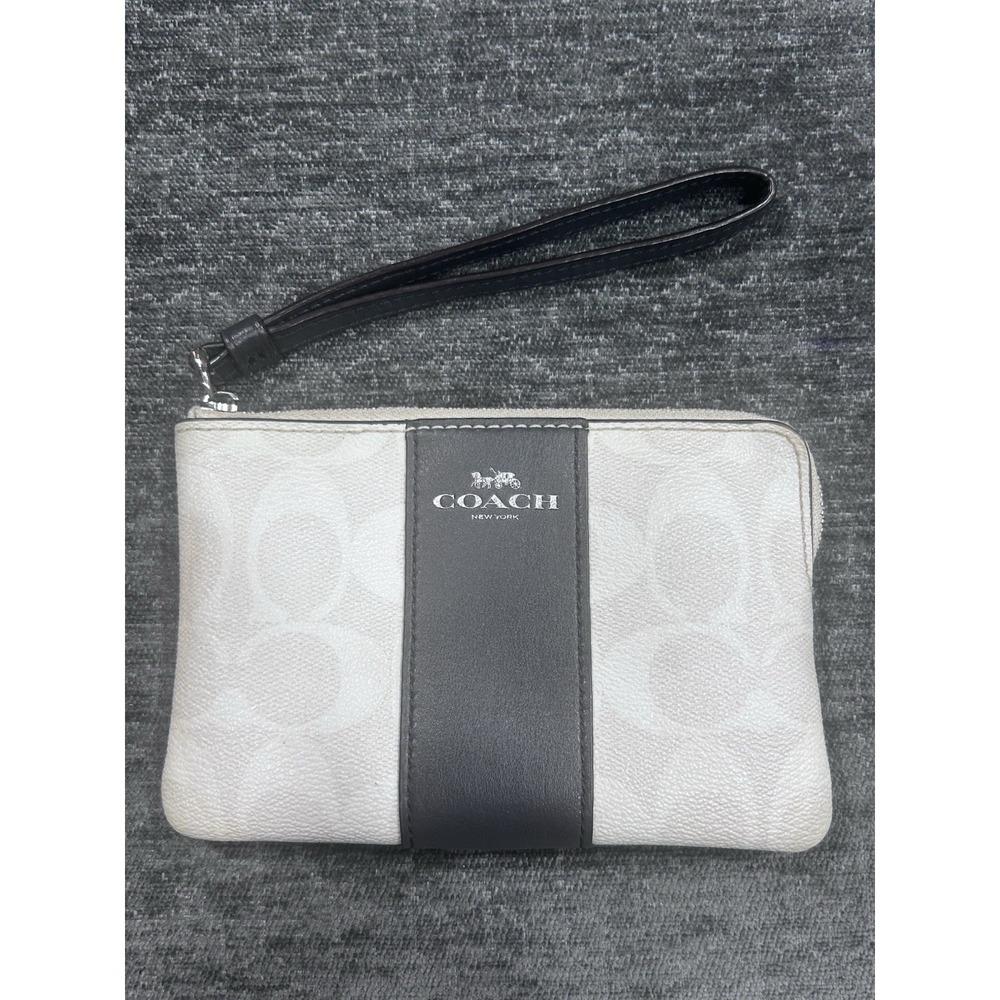 Coach New York Chalk Cream Black Leather Stripe Wristlet Zip Pouch